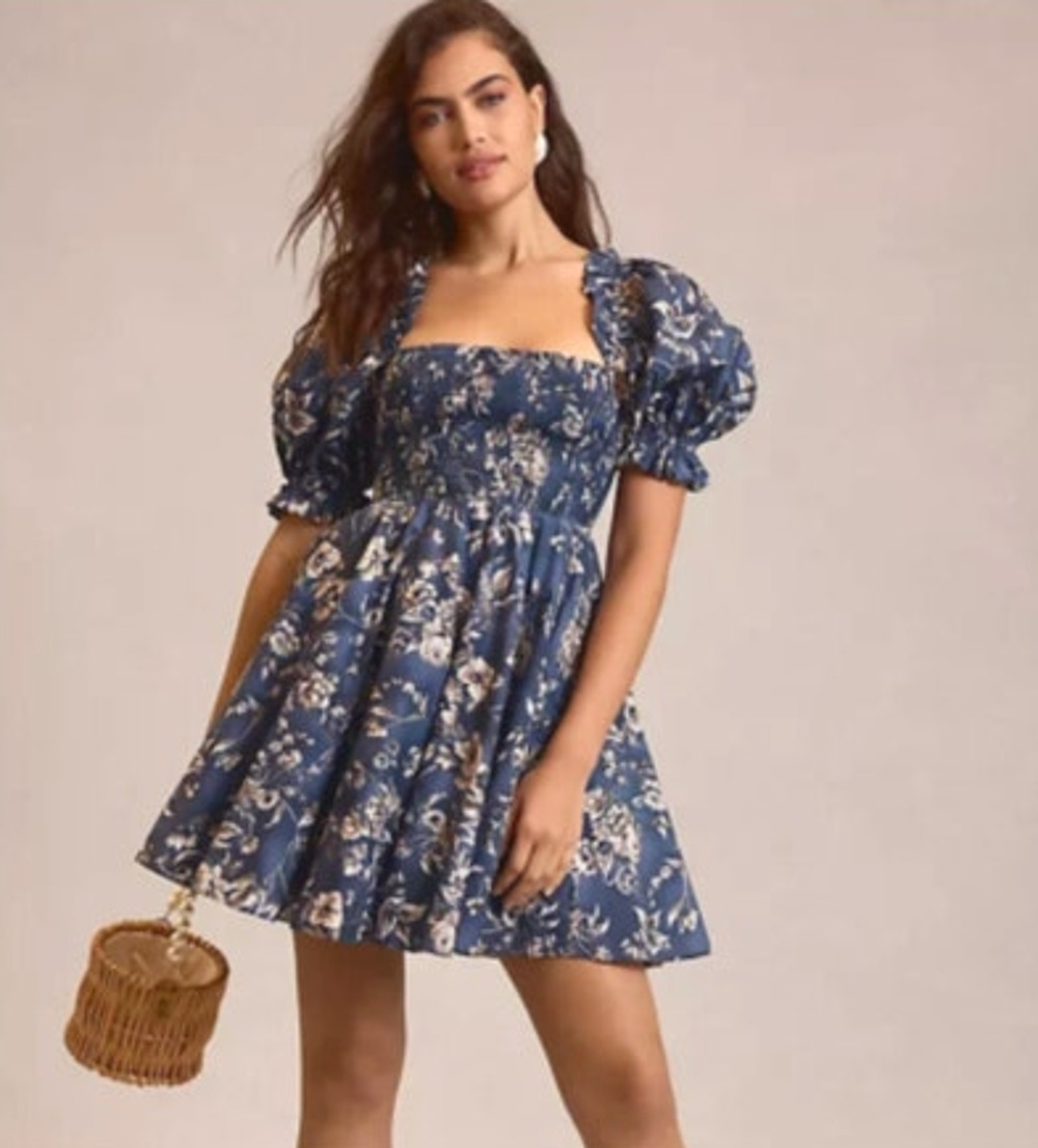 SELKIE Sz L Large Navy Blue Floral Puff Sleeve Mini Dress Smocked
